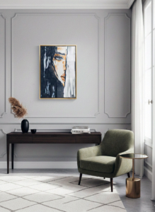 Curiosità: Suggerimento ambientazione Primo piano dipinto di volto femminile. Sguardo intenso. Qui è mostrato un suggerimento di ambientazione.