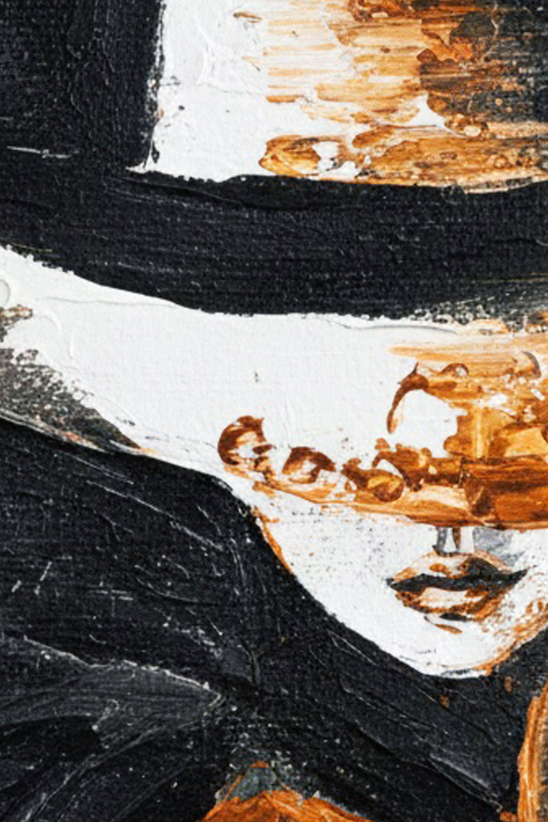 L'eclissi piumata: dettaglio Pittura astratta di donna con cappello a tese larghe, ocra. Qui è mostrato un dettaglio dell'opera.