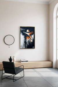 L'eclissi piumata: Suggerimento ambientazione Pittura astratta di donna con cappello a tese larghe, ocra. Qui è mostrato un Suggerimento di ambientazione.