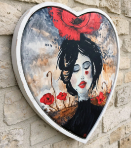 La regina dei papaveri: Suggerimento cornice Dipinto a forma di cuore: donna con papavero tra i capelli. Qui è mostrato un suggerimento di cornice.