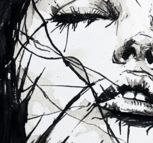 Frammenti di luce interiore: dettaglio Ritratto femminile stilizzato in bianco e nero con pennellate dinamiche. Qui è mostrato un dettaglio dell'opera.