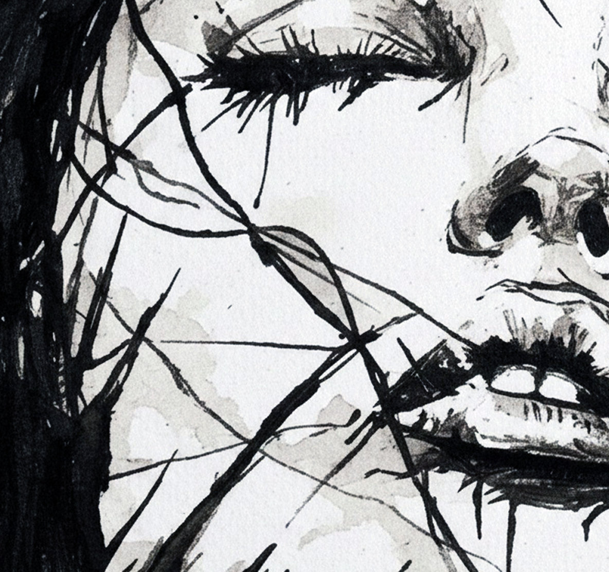 Frammenti di luce interiore: dettaglio Ritratto femminile stilizzato in bianco e nero con pennellate dinamiche. Qui è mostrato un dettaglio dell'opera.