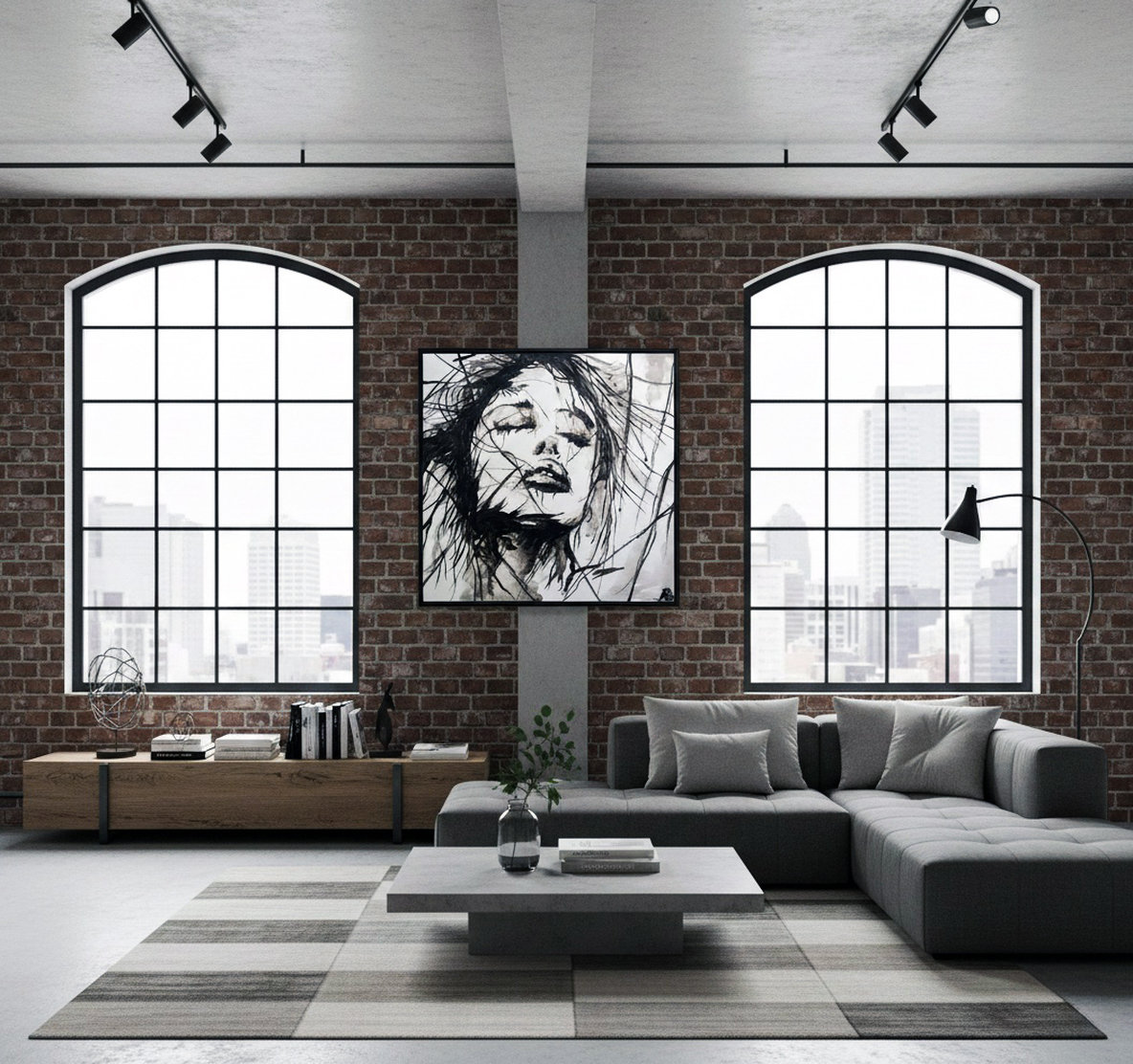 Frammenti di luce interiore: Suggerimento ambientazione Ritratto femminile stilizzato in bianco e nero con pennellate dinamiche. Qui è mostrato un suggerimento di ambientazione.