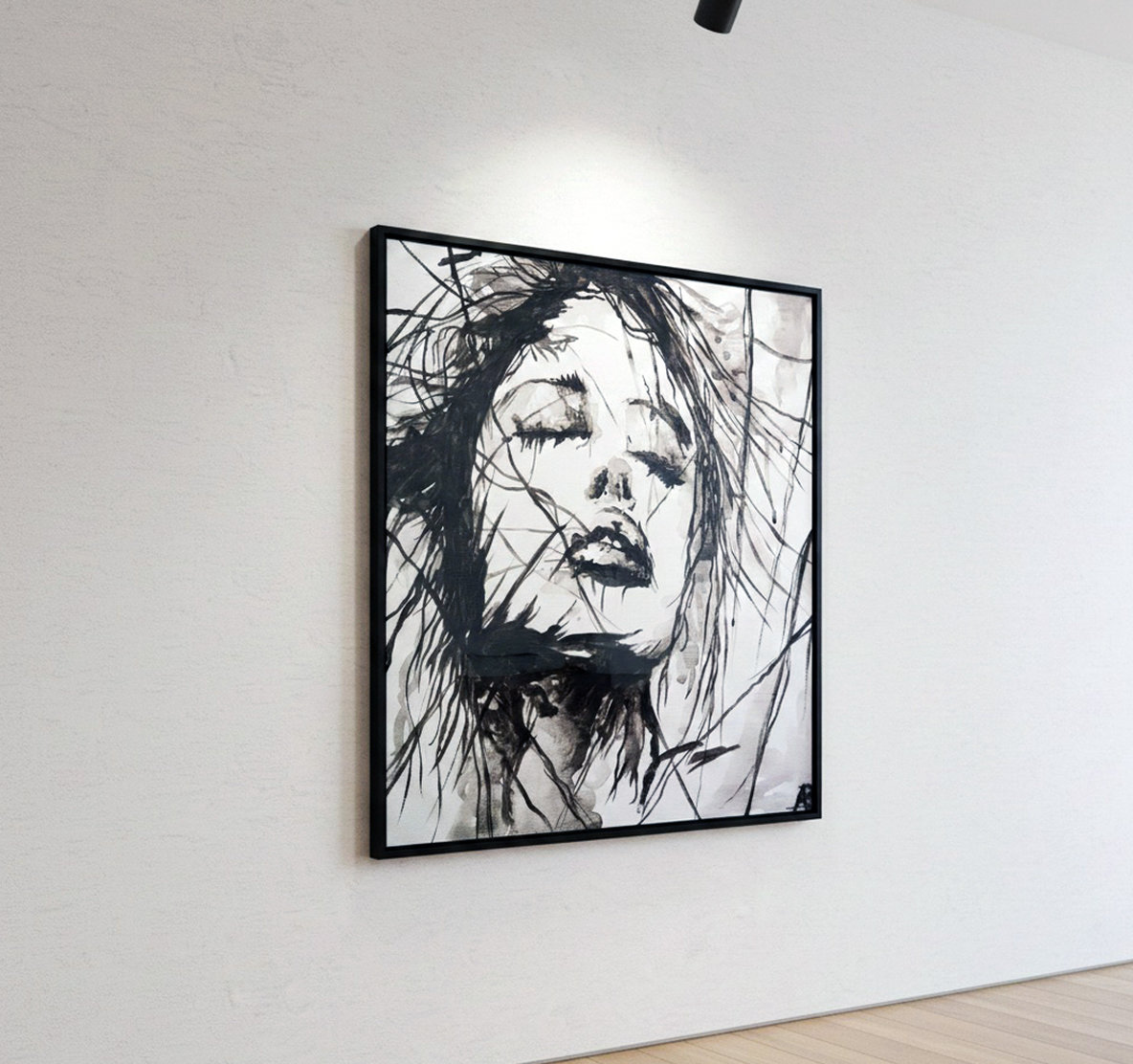 Frammenti di luce interiore: Suggerimento cornice Ritratto femminile stilizzato in bianco e nero con pennellate dinamiche. Qui è mostrato un suggerimento di cornice.