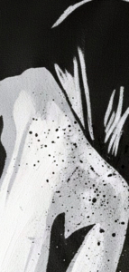 Figura umana stilizzata bianca e grigia su sfondo nero opaco. Qui è mostrato un dettaglio dell'opera.