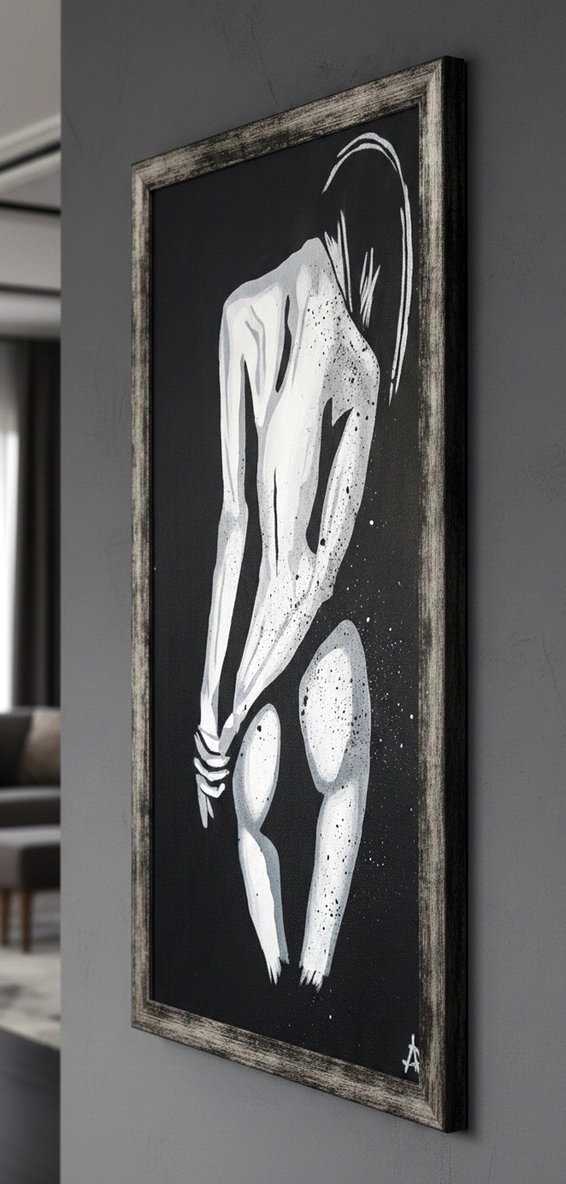 Figura umana stilizzata bianca e grigia su sfondo nero opaco. Qui è mostrato un suggerimento di cornice.