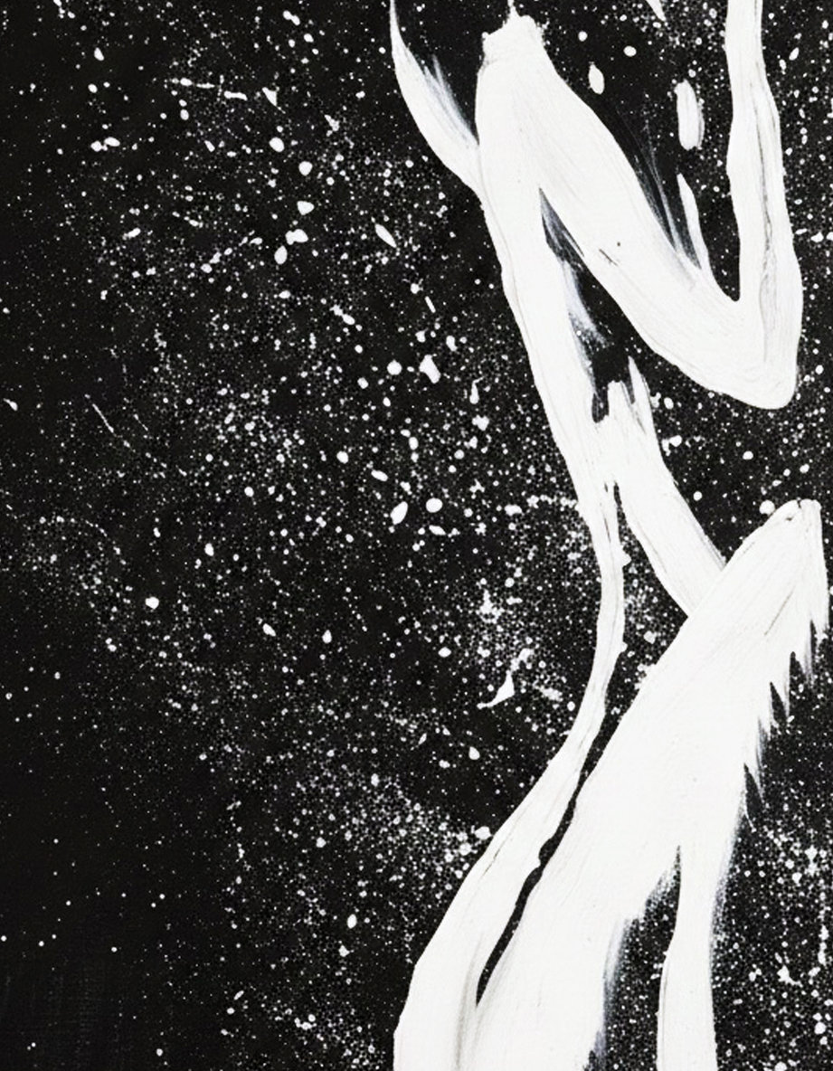 L'architettura della tensione: dettaglio Figura stilistica bianca dinamica su sfondo nero con schizzi bianchi. Qui è mostrato un dettaglio dell'opera.