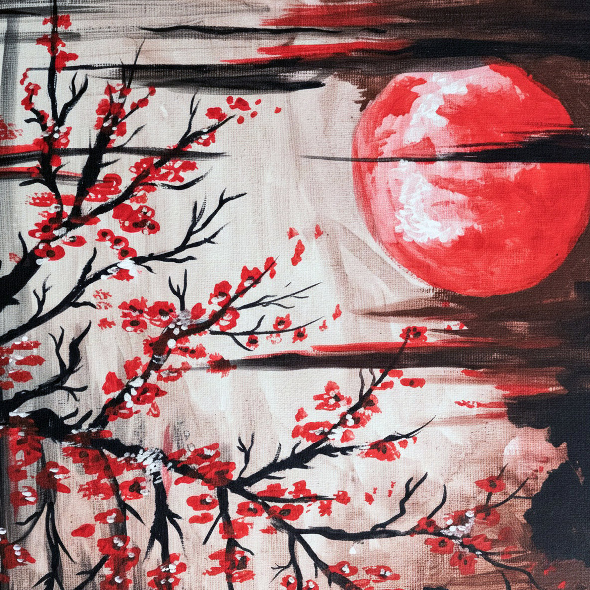 L'eternità in fiore: dettaglio Albero in fiore rosso sotto una grande luna rossa cupa. Qui è mostrato un dettaglio dell'opera.