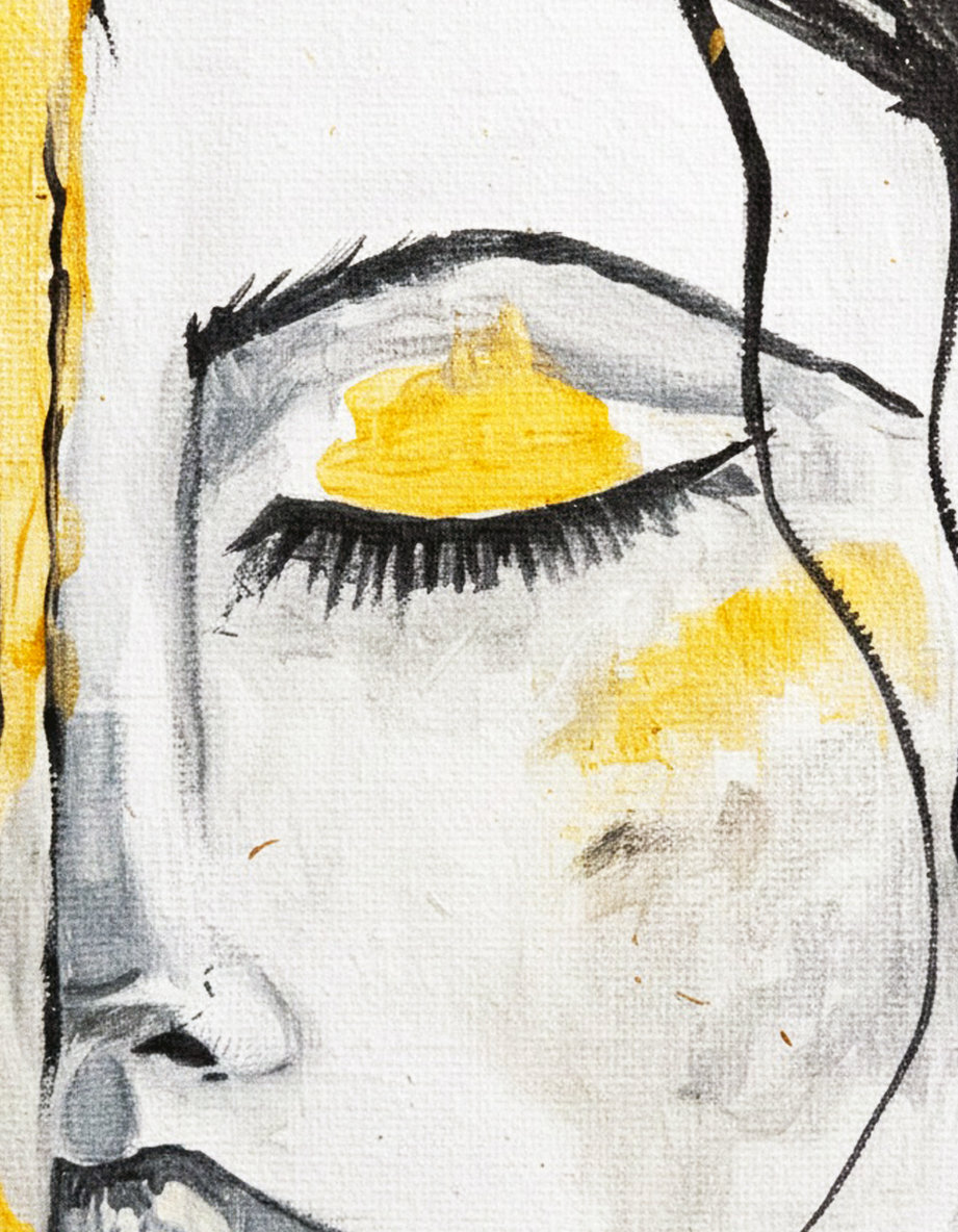 Ritratto stilizzato di donna in bianco, nero e oro materico. Qui è mostrato un dettaglio dell'opera.