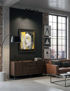 Ritratto stilizzato di donna in bianco, nero e oro materico. Qui è mostrato un suggerimento di ambientazione.