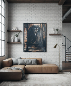 Guardiana del portale: Suggerimento ambientazione Gatto nero dipinto in stile astratto su sfondo ocra e terra. Qui è mostrato un suggerimento di ambientazione.