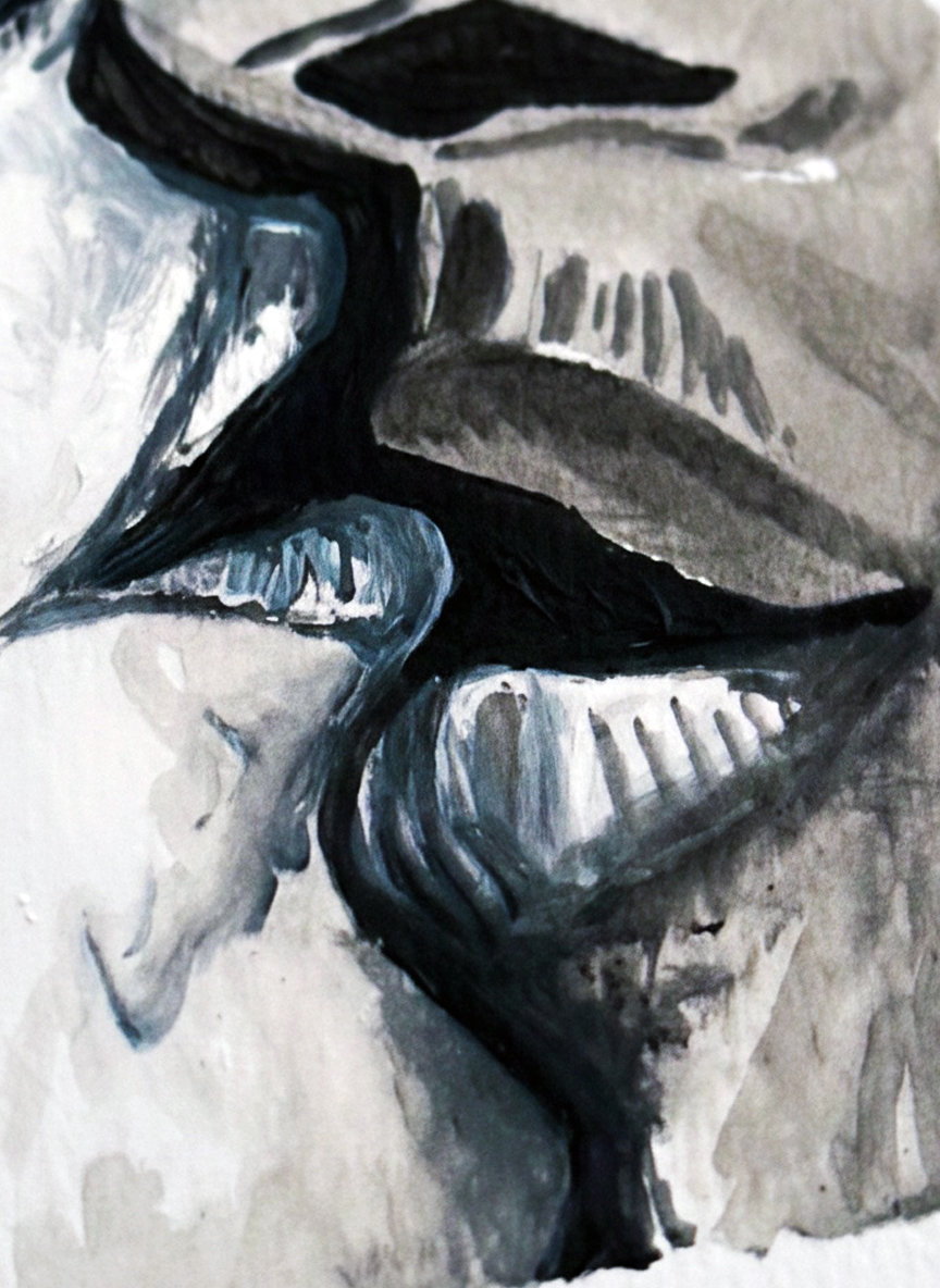 Primo piano pittorico di labbra grigie che quasi si sfiorano. Qui è mostrato un dettaglio dell'opera.