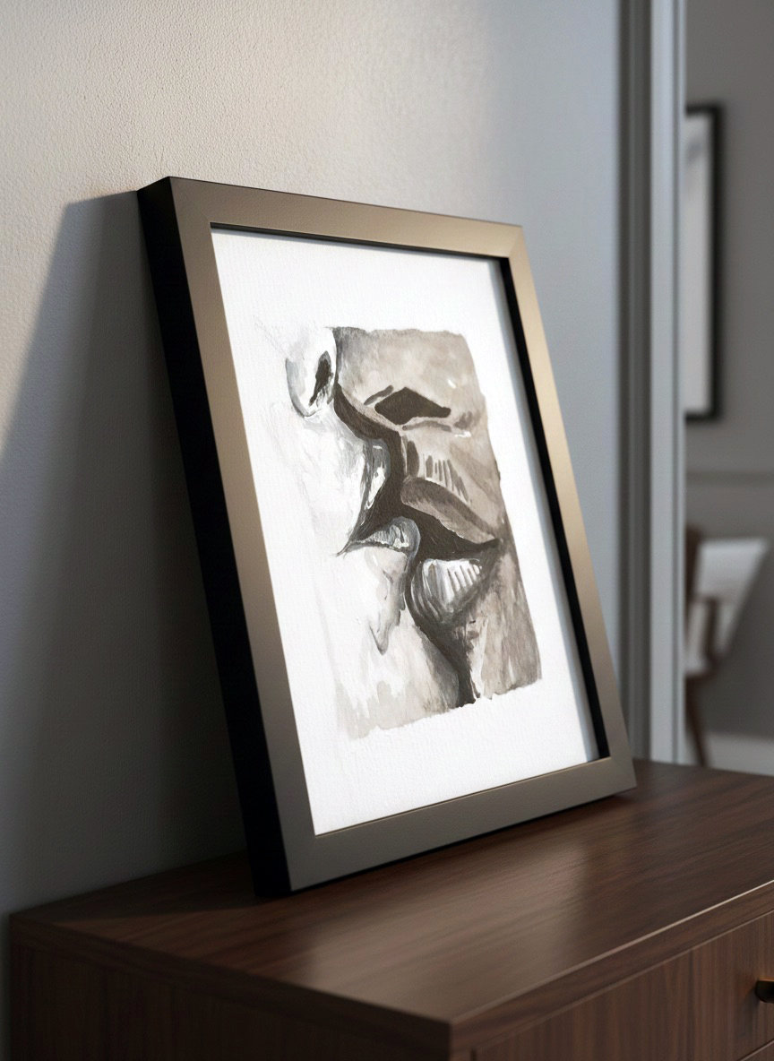 Primo piano pittorico di labbra grigie che quasi si sfiorano. Qui è mostrato un suggerimento di ambientazione.