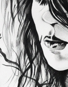 Ritratto in bianco e nero: donna con rami che si intrecciano. Qui è mostrato un dettaglio dell'opera.