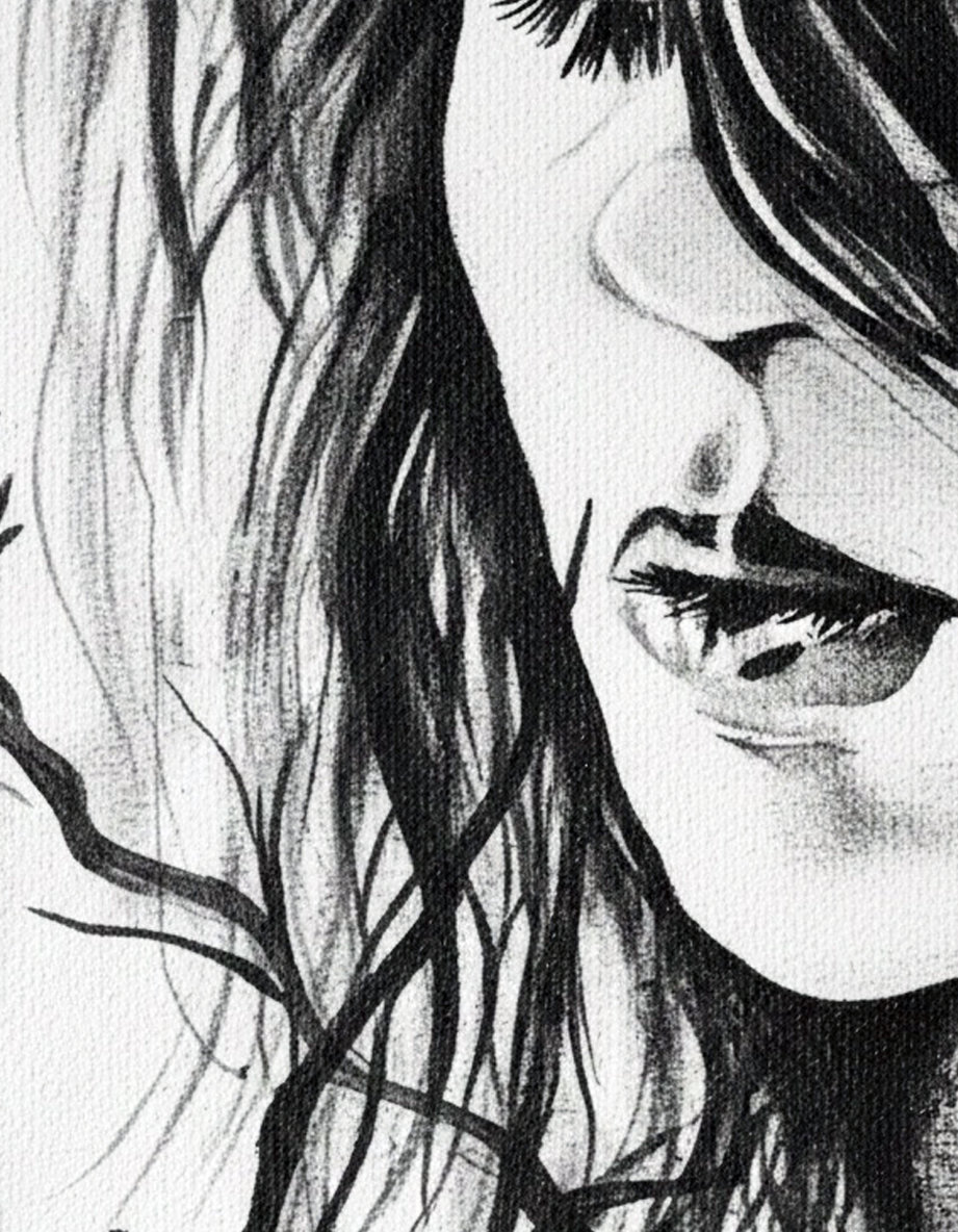 Ritratto in bianco e nero: donna con rami che si intrecciano. Qui è mostrato un dettaglio dell'opera.