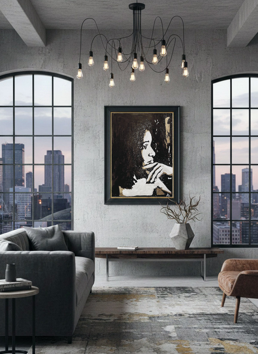 Riflesso d'oro: Suggerimento ambientazione Ritratto stilizzato in bianco, nero e oro di donna pensierosa. Qui è mostrato un suggerimento di ambientazione.