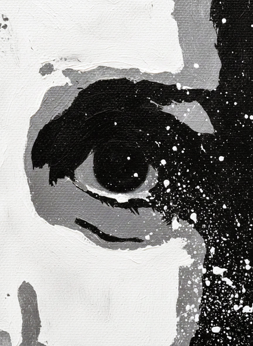 Ritratto stilizzato in bianco e nero di volto femminile intenso. Qui è mostrato un dettaglio dell'opera.