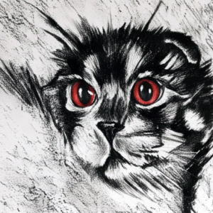 Disegno a carboncino di gatto con grandi occhi rossi. Qui è mostrato un dettaglio dell'opera.