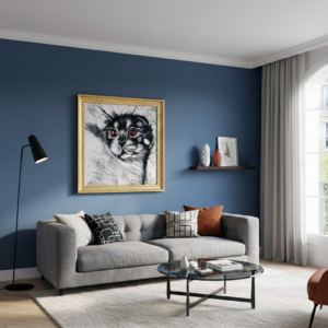 Disegno a carboncino di gatto con grandi occhi rossi. Qui è mostrato un suggerimento di ambientazione.