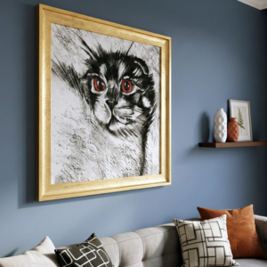 Disegno a carboncino di gatto con grandi occhi rossi. Qui è mostrato un suggerimento di cornice.