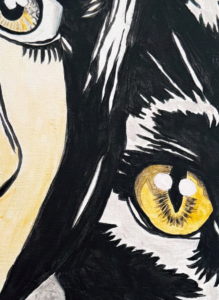 Primo piano pop art: volto di donna e gatto affiancati. Qui è mostrato un dettaglio dell'opera.