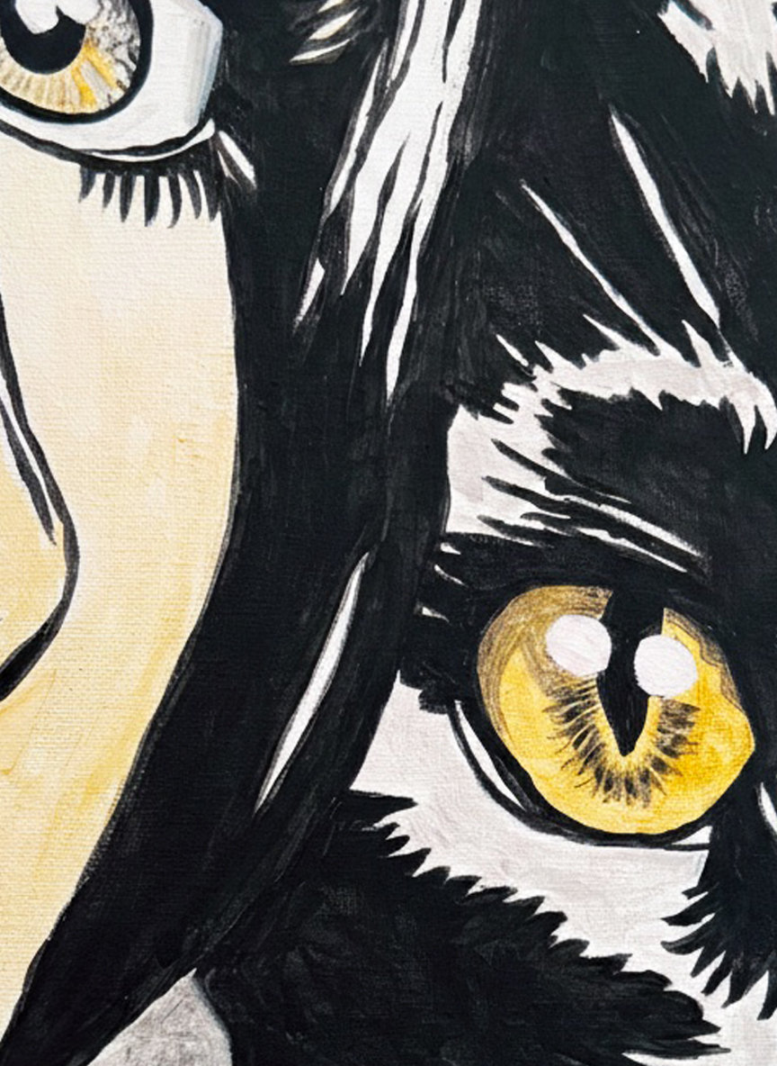 Primo piano pop art: volto di donna e gatto affiancati. Qui è mostrato un dettaglio dell'opera.