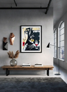 Primo piano pop art: volto di donna e gatto affiancati. Qui è mostrato un suggerimento di ambientazione.