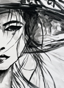 Ritratto in bianco e nero di una guerriera asiatica con cappello. Qui è mostrato un dettaglio dell'opera.