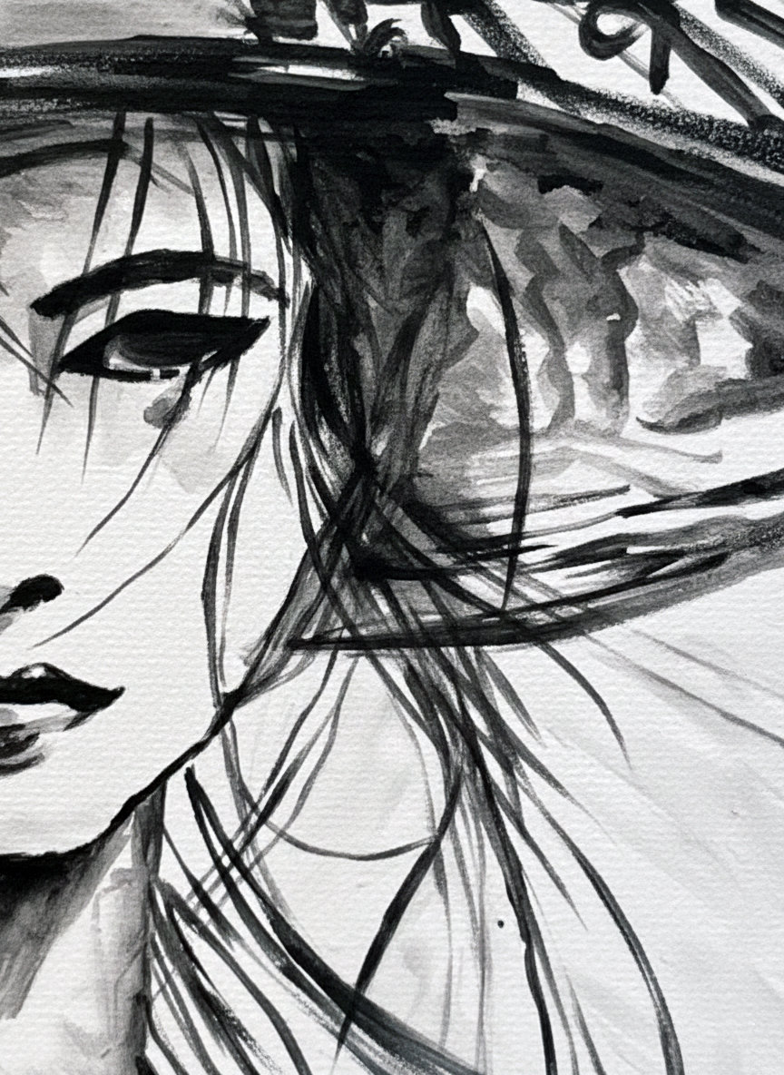 Ritratto in bianco e nero di una guerriera asiatica con cappello. Qui è mostrato un dettaglio dell'opera.