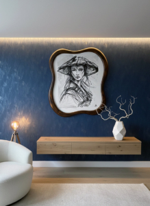 Ritratto in bianco e nero di una guerriera asiatica con cappello. Qui è mostrato un suggerimento di ambientazione.