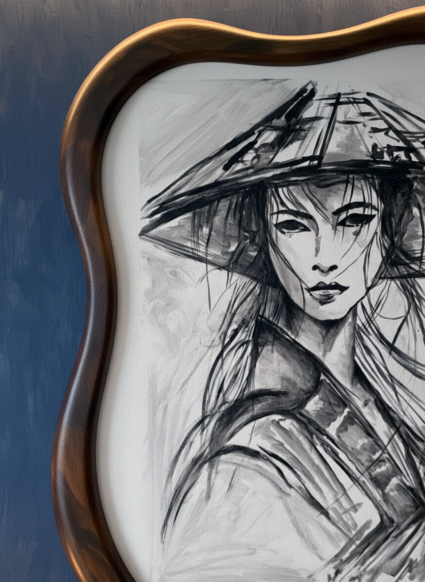 Ritratto in bianco e nero di una guerriera asiatica con cappello. Qui è mostrato un suggerimento di cornice.