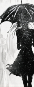 Silhouette di donna con ombrello sotto la pioggia, bianco e nero. Qui è mostrato un dettaglio dell'opera.