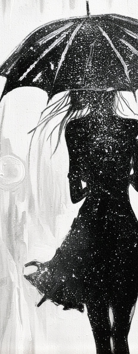 Silhouette di donna con ombrello sotto la pioggia, bianco e nero. Qui è mostrato un dettaglio dell'opera.