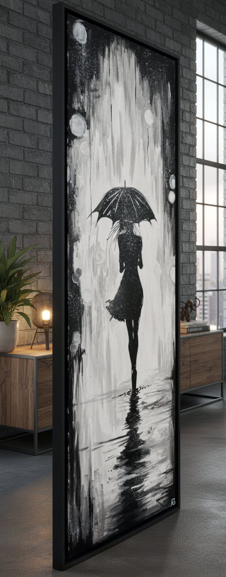 Silhouette di donna con ombrello sotto la pioggia, bianco e nero. Qui è mostrato un suggerimento di cornice.