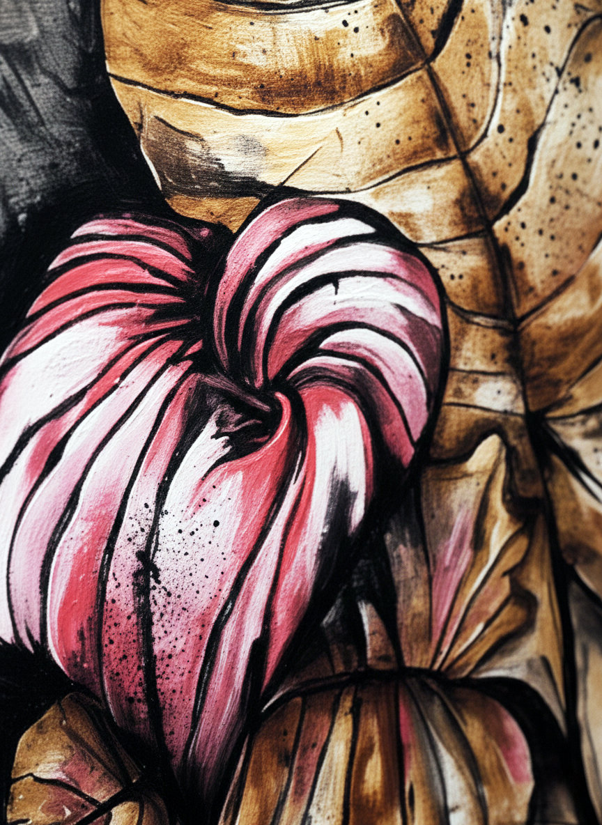 Foglie autunnali brune circondano una foglia centrale rosso vivace striata. Qui è mostrato un dettaglio dell'opera.