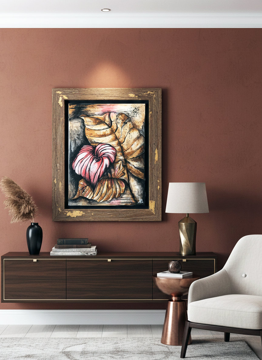 Foglie autunnali brune circondano una foglia centrale rosso vivace striata. Qui è mostrato un suggerimento di ambientazione.