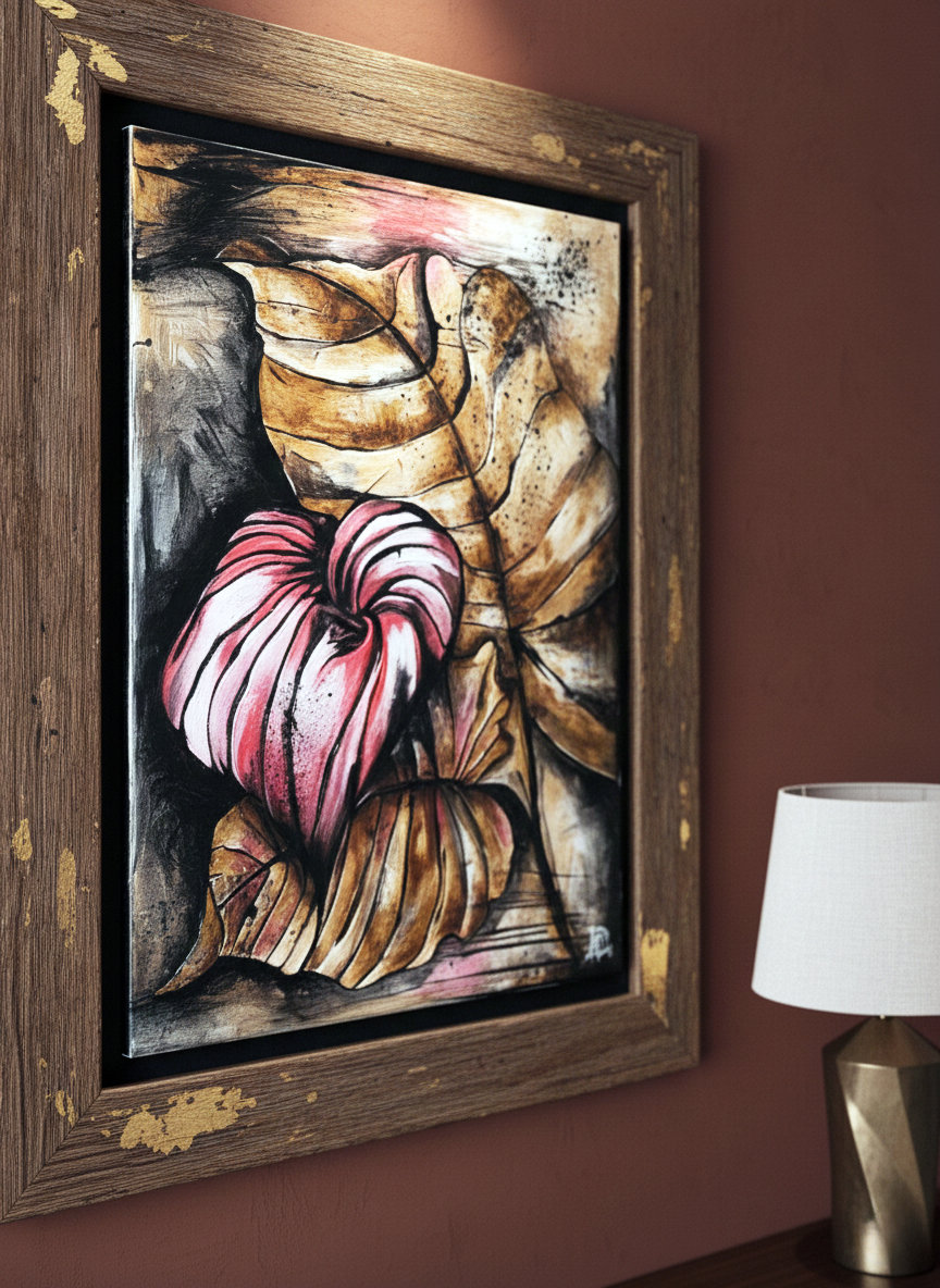 Foglie autunnali brune circondano una foglia centrale rosso vivace striata. Qui è mostrato un suggerimento di cornice.