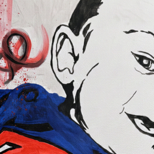 L'oltre negli occhi: dettaglio Illustrazione stile fumetto di un bambino sorridente con maglia di Superman. Qui è mostrato un dettaglio dell'opera.