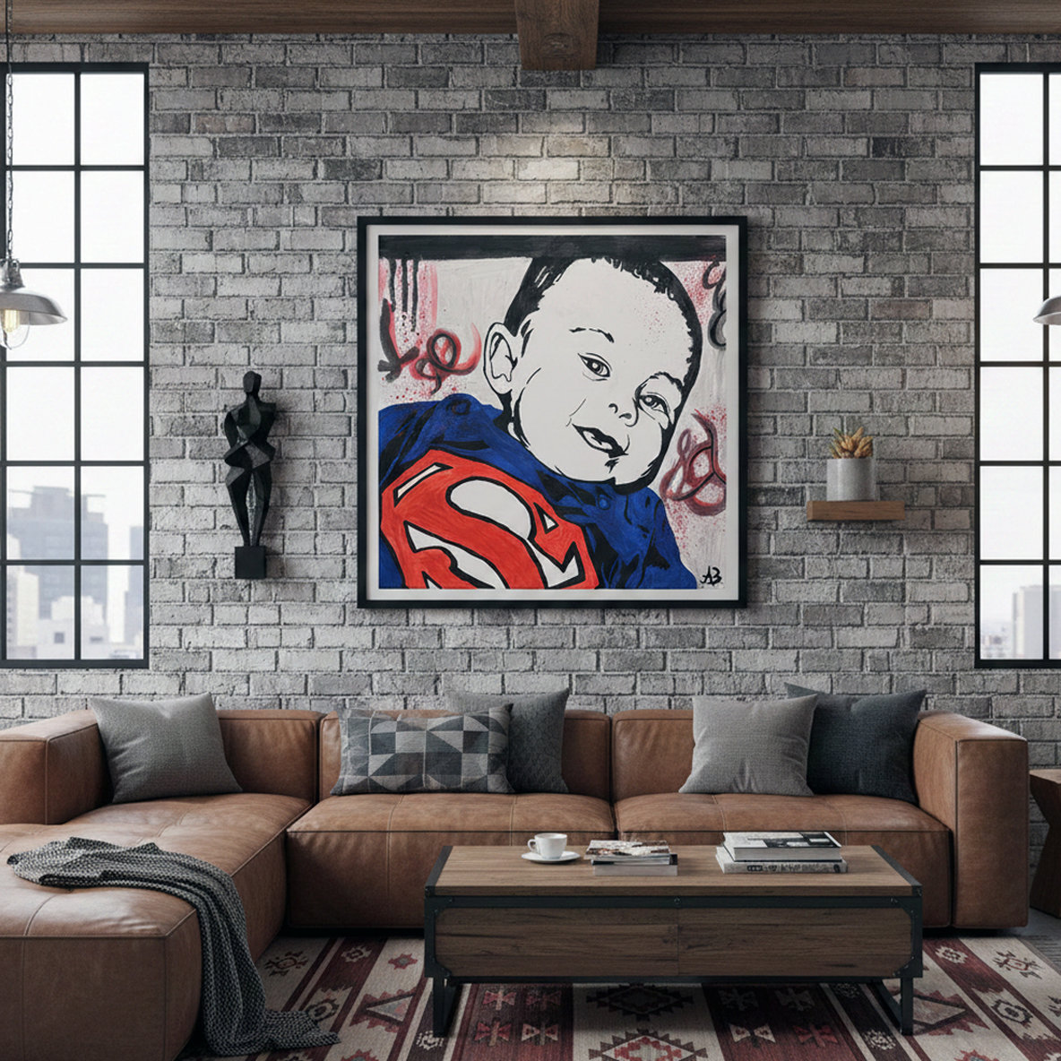 L'oltre negli occhi: Suggerimento ambientazione Illustrazione stile fumetto di un bambino sorridente con maglia di Superman. Qui è mostrato un suggerimento di ambientazione.