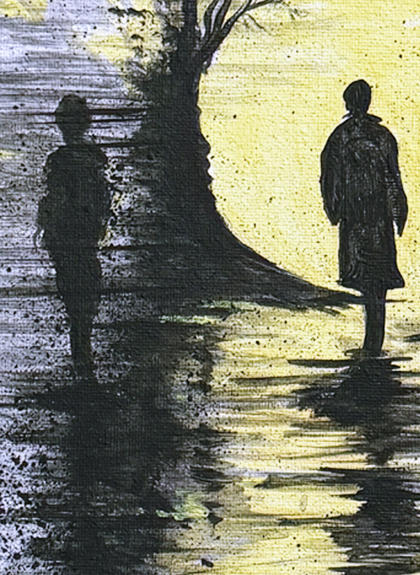 Silhouette nera riflessa su sfondo giallo e grigio, stile astratto. Qui è mostrato un dettaglio dell'opera.