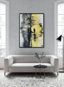 Silhouette nera riflessa su sfondo giallo e grigio, stile astratto. Qui è mostrato un suggerimento di ambientazione.