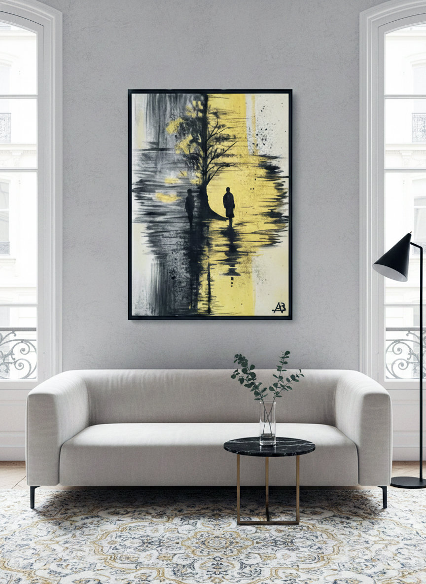 Silhouette nera riflessa su sfondo giallo e grigio, stile astratto. Qui è mostrato un suggerimento di ambientazione.