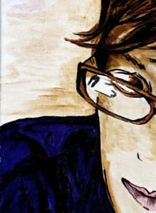 Ritratto artistico di donna con occhiali, capelli castani e pennellate viola. Qui è mostrato un dettaglio dell'opera.