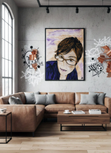 Ritratto artistico di donna con occhiali, capelli castani e pennellate viola. Qui è mostrato un suggerimento di ambientazione.