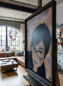 Ritratto artistico di donna con occhiali, capelli castani e pennellate viola. Qui è mostrato un suggerimento di cornice.