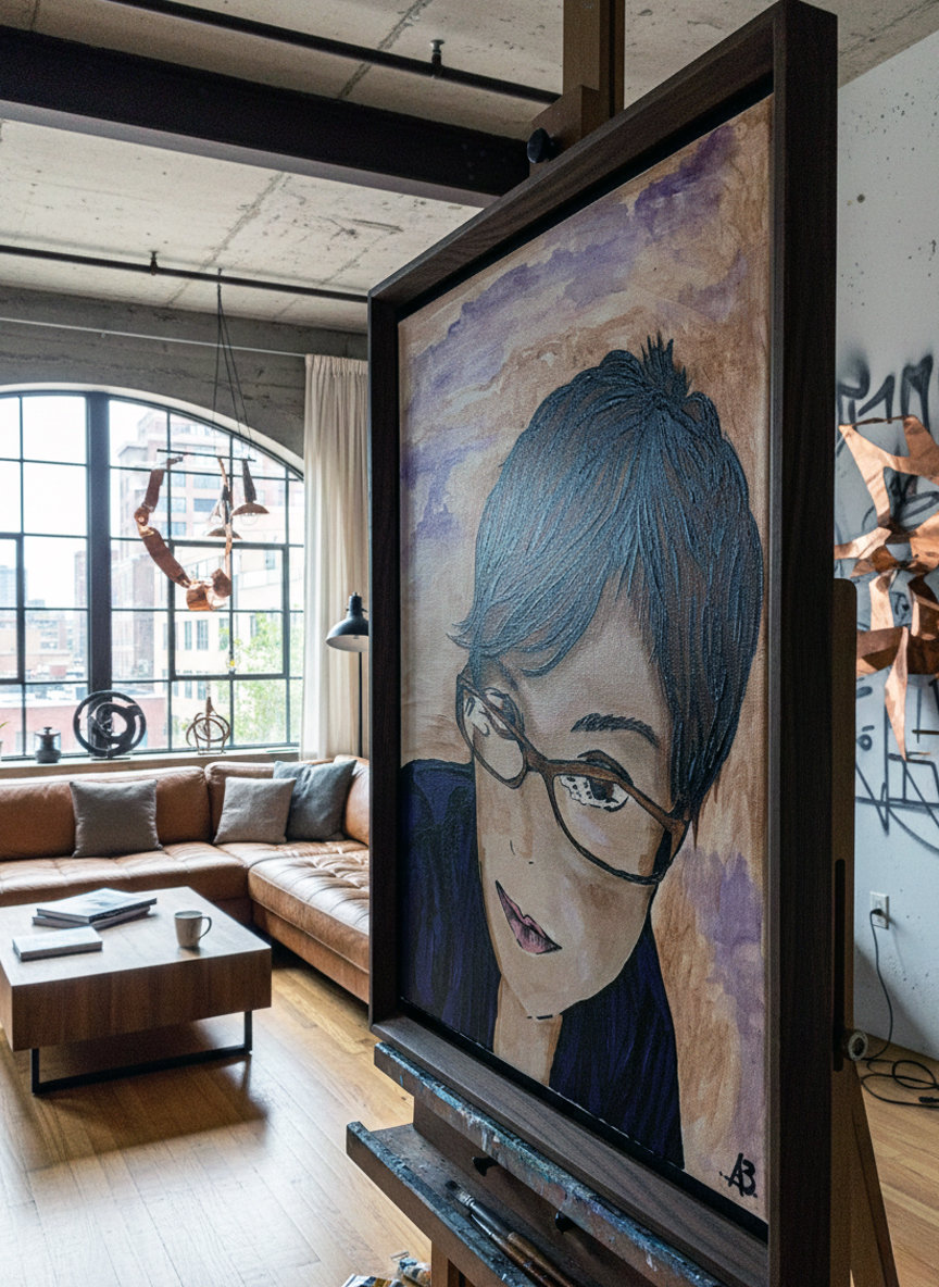 Ritratto artistico di donna con occhiali, capelli castani e pennellate viola. Qui è mostrato un suggerimento di cornice.