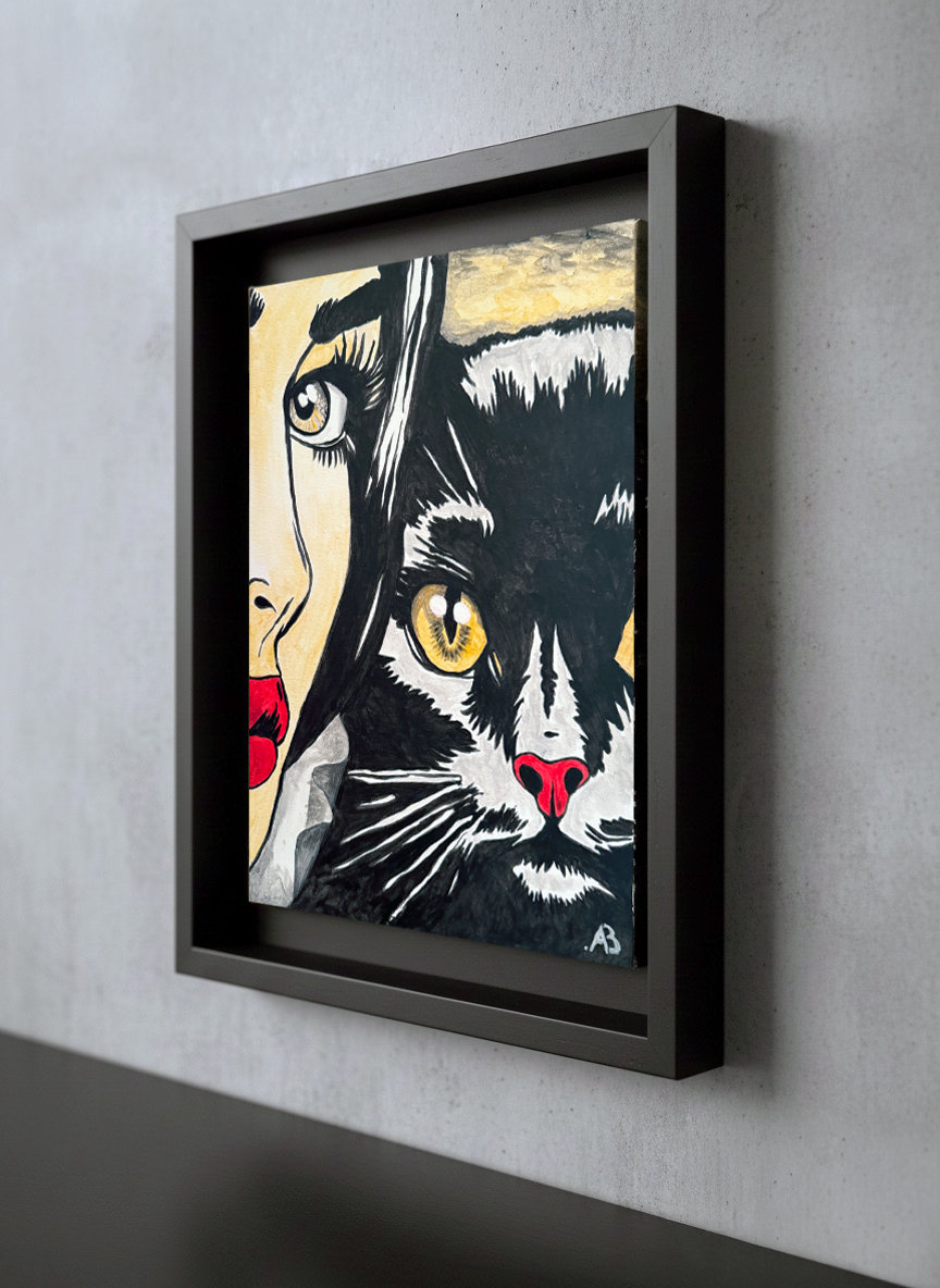 Primo piano pop art: volto di donna e gatto affiancati. Qui è mostrato un suggerimento di cornice.